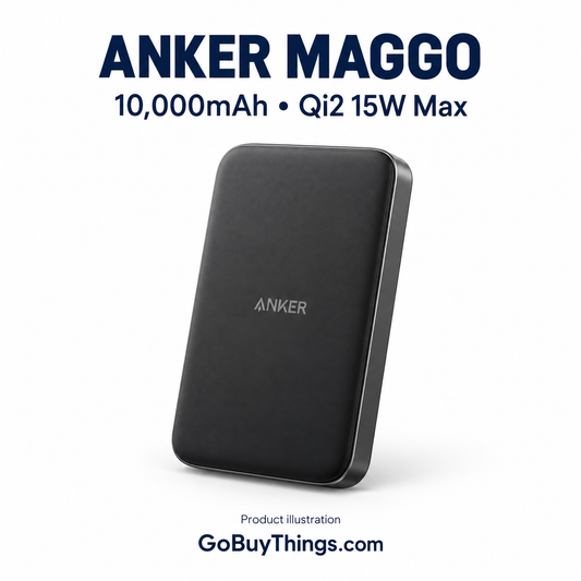AI-generated illustration of a black Anker MagGo 10K Slim power bank; not a product photograph