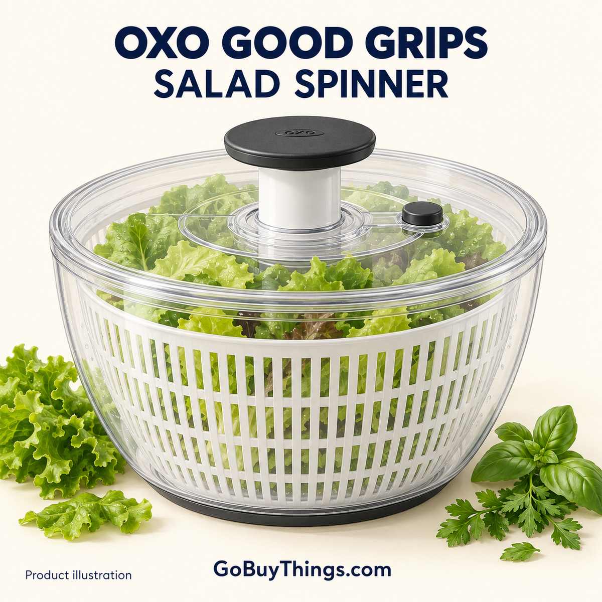 AI-generated product illustration of an OXO Good Grips Salad Spinner with greens; not a product photograph