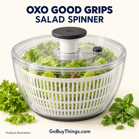 AI-generated product illustration of an OXO Good Grips Salad Spinner with greens; not a product photograph