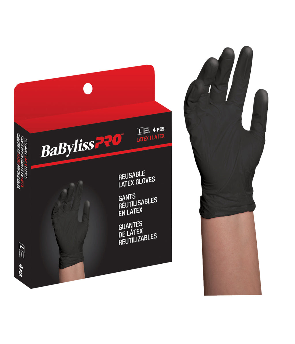 BaBylissPRO Reusable Black Satin Latex Gloves Medium 4 per box