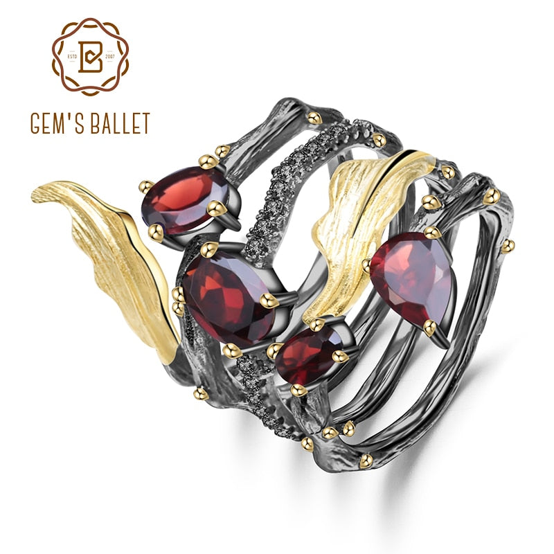 GEM&#39;S BALLET 2.75Ct Natural Red Garnet Gemstone Finger Ring 925 Sterling Sliver Vintage Gothic Rings For Women Fine Jewelry