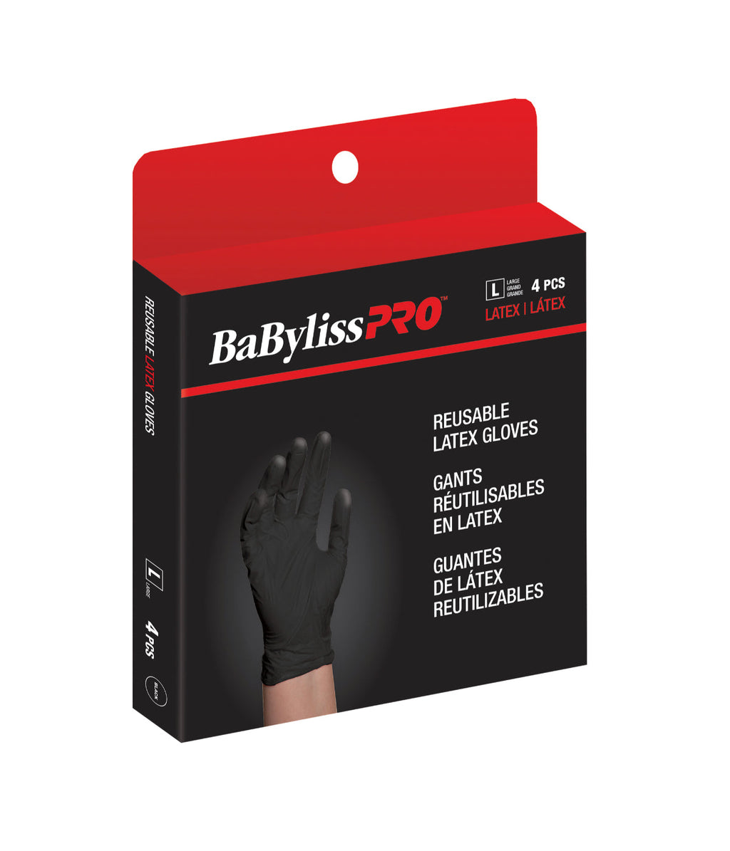 BaBylissPRO Reusable Black Satin Latex Gloves Large 4 per box