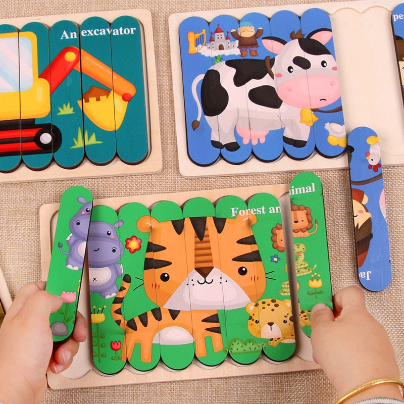 Double Sides Wooden Puzzle Kids Toys For Children Montessori Learning Puzzle Animal Fruits Jigsaw Early Edcuational Toys Gift