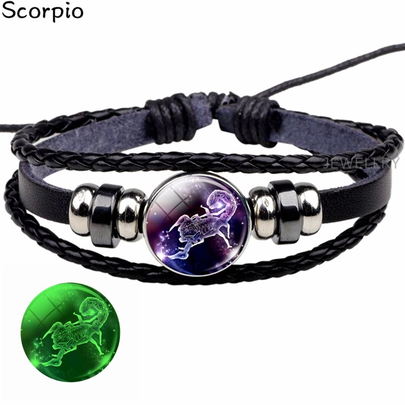 Glowing Constellation Bracelet Punk Luminous Jewelry Black Leather Woven Bracelet Glow In The Dark Zodiac Sign Luminous Bracelet