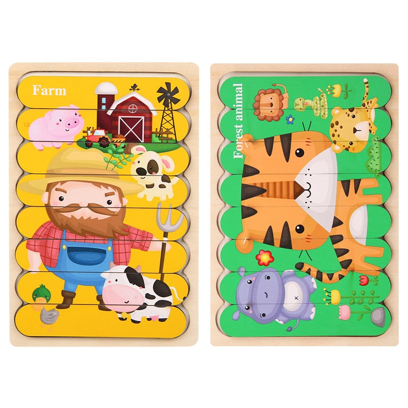 Double Sides Wooden Puzzle Kids Toys For Children Montessori Learning Puzzle Animal Fruits Jigsaw Early Edcuational Toys Gift