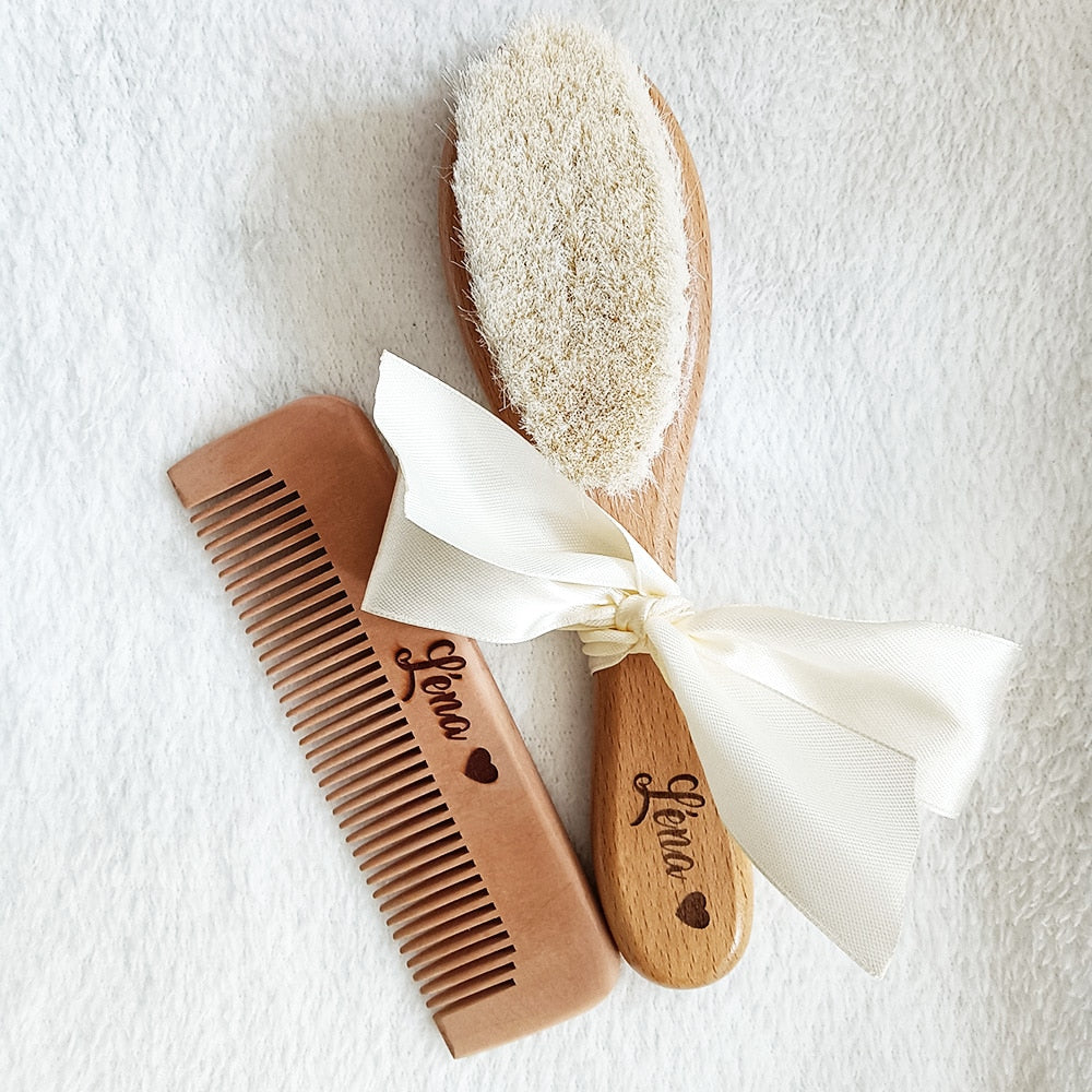 Custom Name Baby Bathing Comb Baby Care Hair Brush Pure Natural Wool Wood Comb Newborn Massager Baby Shower and Registry Gift
