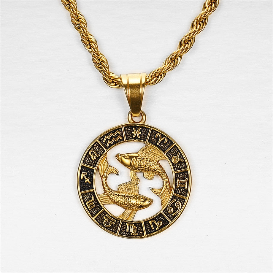 Scorpio Leo 12 Constellations Pendant Necklaces for Men Women Gold Color Stainless Steel Rope Chain Zodiac Signs Jewelry 2023