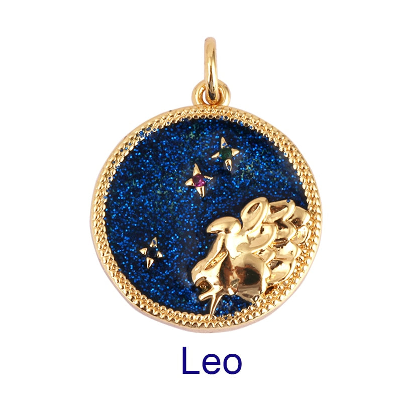 Zodiac Horoscope Sign Medallion Pendant Real 18K Gold Plated Sparkle Astro Coin for Necklace Bracelet Jewelry Making Supply