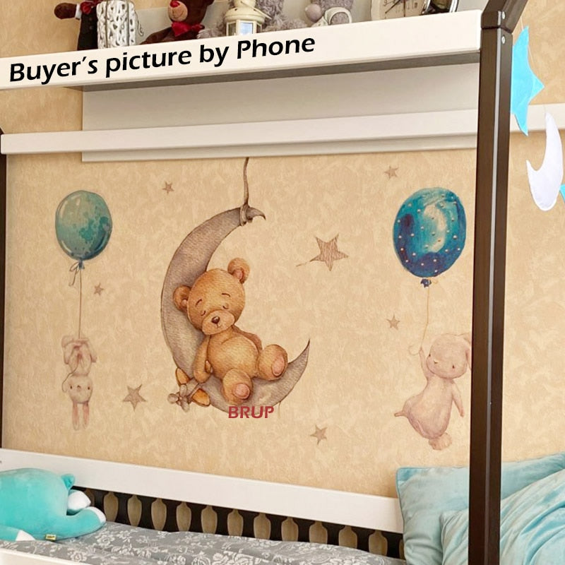 Watercolor Balloon Bunny and Brown Bear Wall Stickers for Kids Room Baby Nursery Room Decoration Wall Decal Party PVC Watercolor
