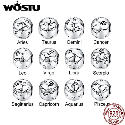 WOSTU 925 Sterling Silver Constellation Zodiac Bead Charm Aquarius Star Sign Fit Original Bracelet Women DIY Jewelry Party Gift