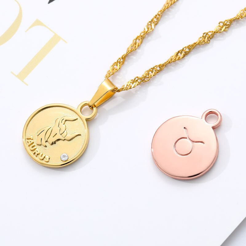 Round Coin Pendant Zodiac Sign Stainless Steel Minimalism Jewelry For Women Girl Aquarius Pisces Sagittarius Necklaces BFF