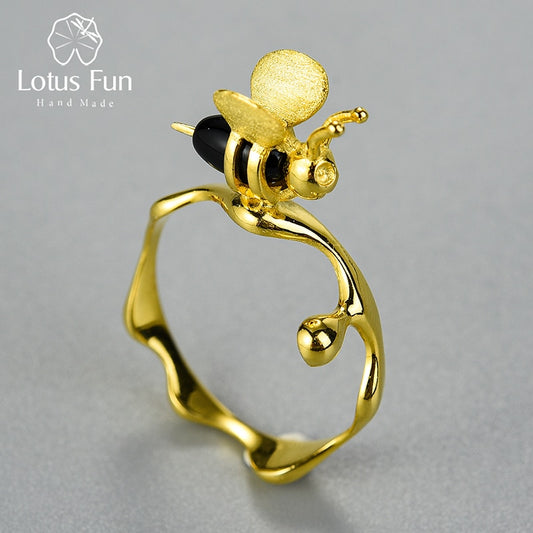 Lotus Fun Natural Gemstone 18K Gold Bee and Dripping Honey Rings Real 925 Sterling Silver Rings for Women Handmade Fine Jewelry
