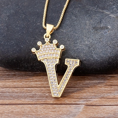 Nidin New Luxury Copper Zircon AZ Crown Alphabet Pendant Chain Necklace Hip-Hop Style Fashion Woman Man Initial Name Jewelry