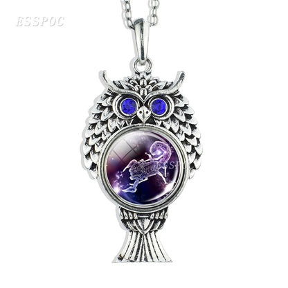 12 Constellations Signs Button Glass Cabochon Jewelry Pendant Cute Owl Shape Necklace Zodiac Birthdays Gifts for Women