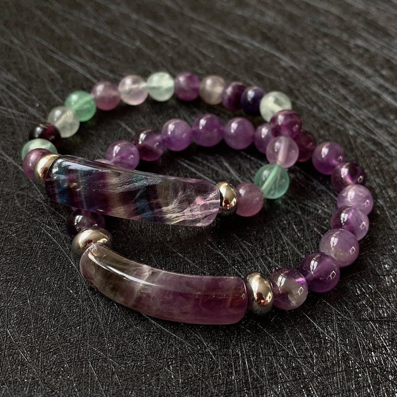 Natural Stone Strand Beads Bracelet Reiki Healing Amethysts Purple Green Fluorite Quartz Crystal Rectangle Bar Charms Bracelets
