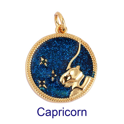 Zodiac Horoscope Sign Medallion Pendant Real 18K Gold Plated Sparkle Astro Coin for Necklace Bracelet Jewelry Making Supply