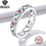 BISAER Pink Flower Rings 100% 925 Sterling Silver Statement Colorful CZ Finger Rings For Women Luxury Jewelry 2020 EFR132