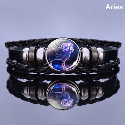 12 Zodiac Signs Glass Dome Leather Bracelet Fashion Jewelry for Couple Aries Taurus Leo Cancer Aquarius Pisces Bangle Bracelet