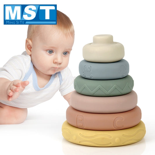 Kids Stacking Blocks Building Colorful Soft Plastic Sensory Silicone Toys For Baby Rubber Teether Squeeze Toy Montessori Gifts