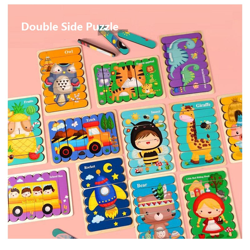 Kid Brain Wooden Toy Double-sided 3D Strip Animal Puzzle Telling Stories Stacking Jigsaw Montessori Educational Toy for Children