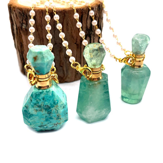 Natural Stone Green Fluorite Perfume Bottle Fashion Necklace Turquoise Two-hole Pendant Aromatherapy Bottle Essential Oil Bottle