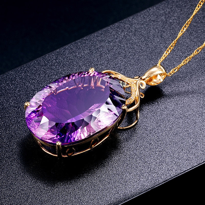 Gemstone Charm18k Gold Plated 36CT Amethyst Color Oval Crystal Pendant Necklace Lady Wedding Jewelry