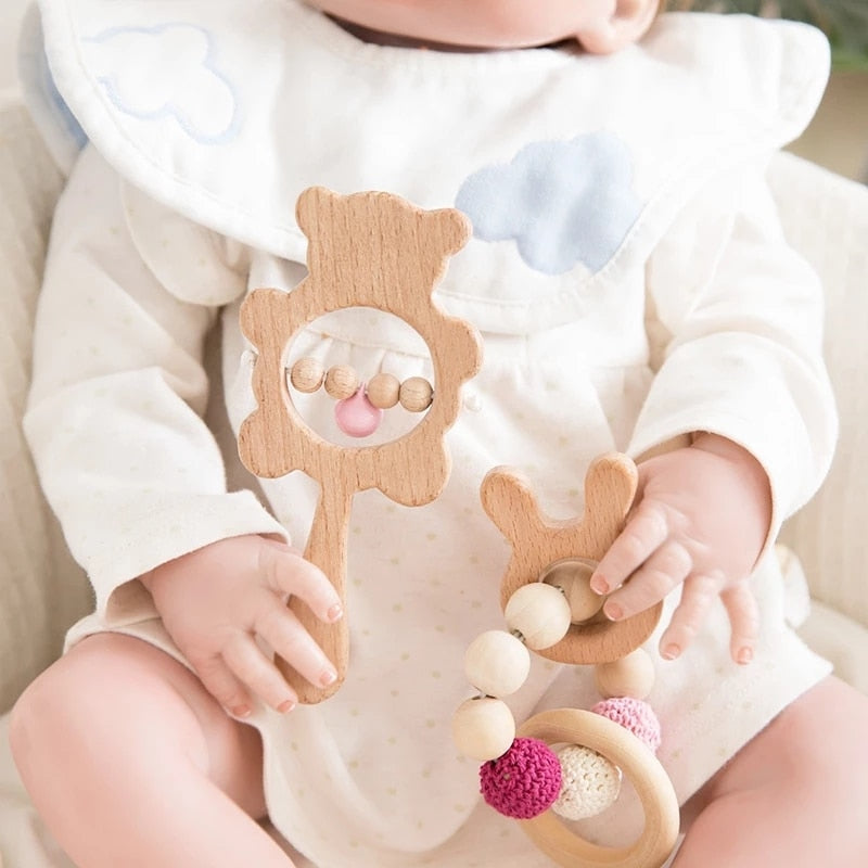 1set Baby Toys Wooden Rattle Bear Shape Hand Teething Baby Teether Musical Pacifier Chain Montessori Educational Stroller Toys