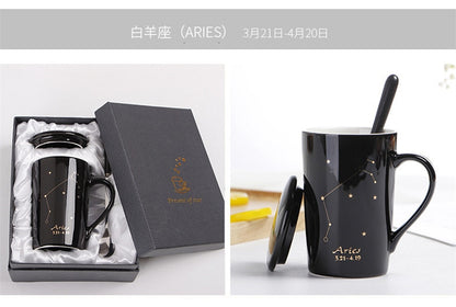 With Gift Box 12 Constellations Creative Ceramic Mugs with Spoon Lid Black and Gold Porcelain Zodiac Milk Coffee Cup 400ML Water