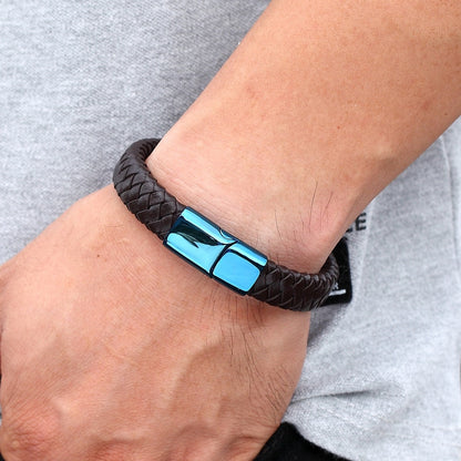 XQNI Classic Luxury Blue Color Leather Combination Stitching Blue Color Simple Buckle For Stainless Steel Leather Men's Bracelet