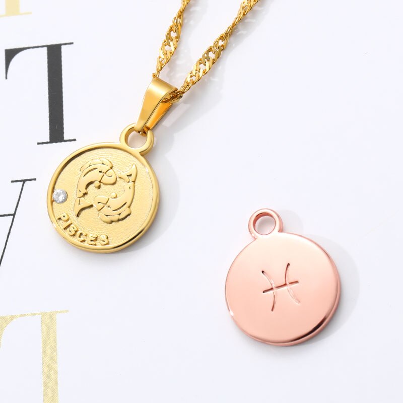 Round Coin Pendant Zodiac Sign Stainless Steel Minimalism Jewelry For Women Girl Aquarius Pisces Sagittarius Necklaces BFF