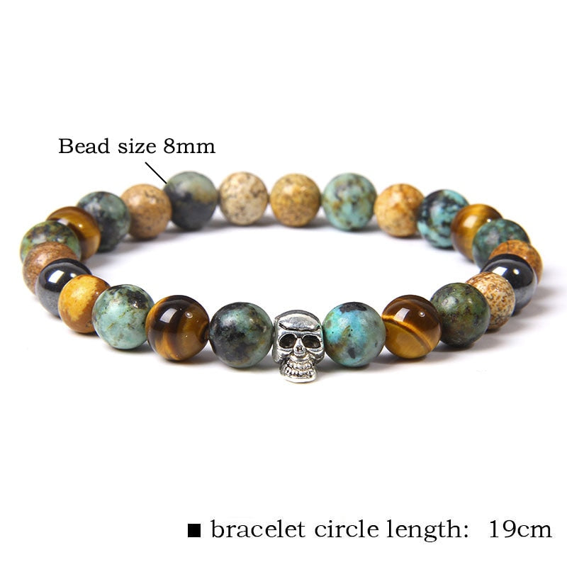 Skull Bracelets For Men Women Natural Stone Tiger Eye Bracelet Malachite Labradorite 8MM Beads Stretch Bangles Punk Jewelry