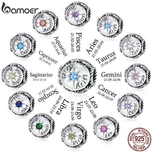 bamoer Zodiac Star Sign 925 Sterling Silver Charm Beads Fit for Charm Bracelets, 12 Constellations Cubic Zirconia Charm SCC1725
