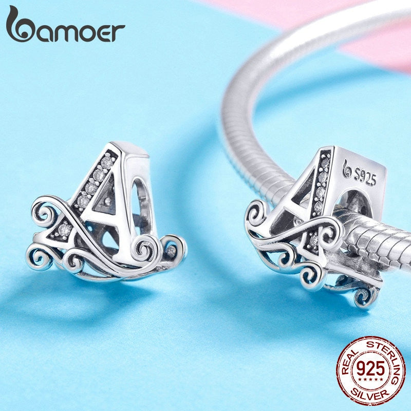 BAMOER 925 Sterling Silver Letter Vintage A to Z 26 Letter Charms Openwork CZ Alphabet Beads Fit Charm Bracelet BSC030