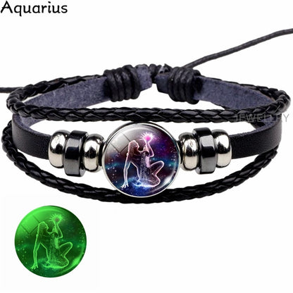 Glowing Constellation Bracelet Punk Luminous Jewelry Black Leather Woven Bracelet Glow In The Dark Zodiac Sign Luminous Bracelet