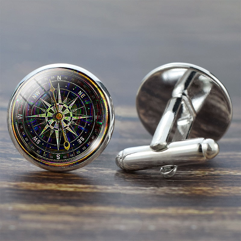 Compass Cuff Links Vintage Compass Clock Sailboat Pattern Alloy Cuff Links for Men Gift Glass Cabochon (It's Not A Real Compass)