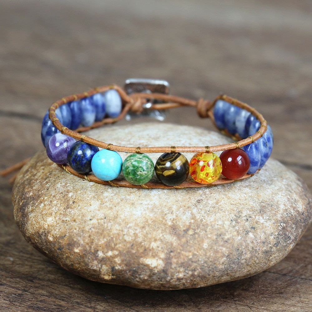 7 Chakra Stone Leather Bracelet for Women Men Handmade Jewelry Blue Dot Beaded String Wrap Charm Bracelet Dropship