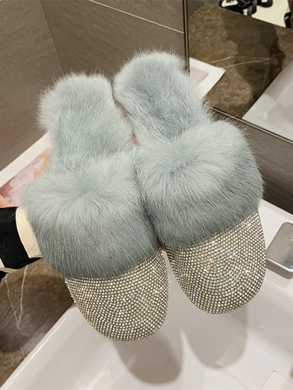 Big Size Slippers Female Ladies Designer Shoes Women Luxury 2023 Rhinestone Fur Crystal Slides Mules Slippers Furry Lady Shoes