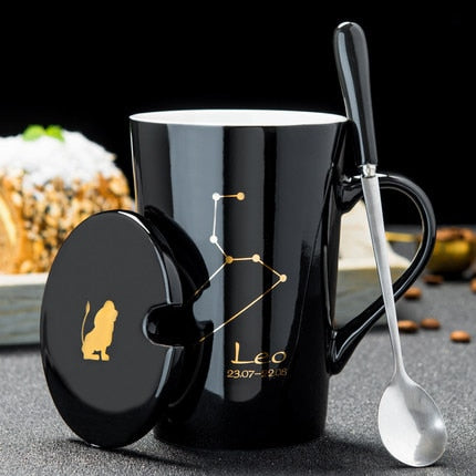 Ceramic Mugs 12 Constellations Creative Mugs With Spoon Lid Black Mug Porcelain Zodiac Milk Coffee Cup Drinkware Couples Gift