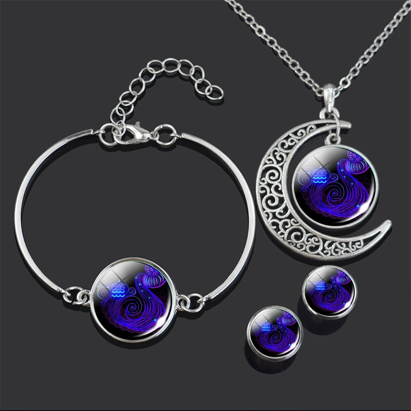 Constellation Jewelry Set 12 Zodiac Signs Glass Cabochon Necklace Bracelet Earrings Set Women 4PCS Jewelry Set Birthday Gifts