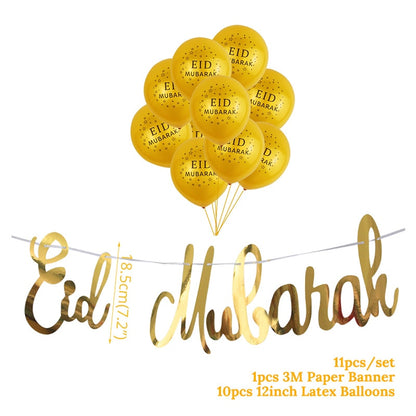 EID Mubarak Golden Banner Balloon Set Disposable Tableware Kit Black Tablecloth Ramadan Kareem Party Supplies Home Decoration