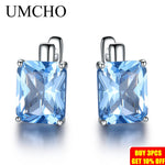 UMCHO Luxury 8.0ct Sky Blue Topaz Gemstone Jewelry Solid 925 Sterling Silver Clip On Earrings For Women  Birthday Gift Fashion