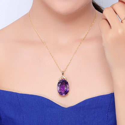 Gemstone Charm18k Gold Plated 36CT Amethyst Color Oval Crystal Pendant Necklace Lady Wedding Jewelry