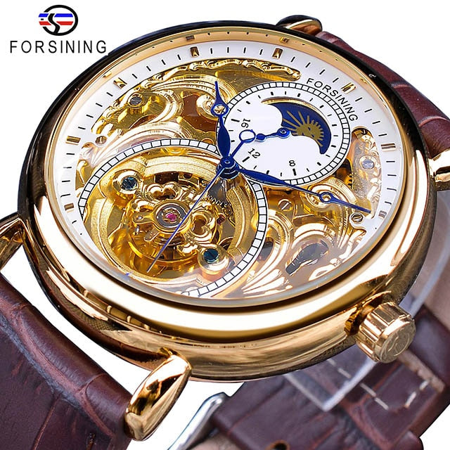 Forsining 2018 Royal Golden Skeleton Display Blue Hands Brown Genuine Leather Belt Mens Mechanical Wristwatches Clock Male