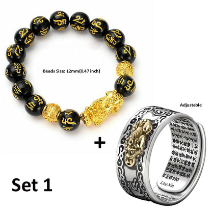 Black Pixiu Bracelet Ring Set Feng Shui Buddhist Bead Bracelet Obsidian Bead Bracelet Men's Women's Wealth Good Luck Accessories