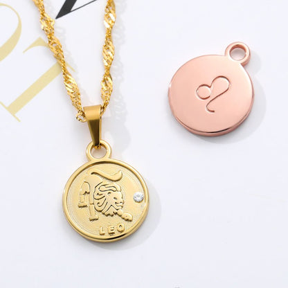 Round Coin Pendant Zodiac Sign Stainless Steel Minimalism Jewelry For Women Girl Aquarius Pisces Sagittarius Necklaces BFF