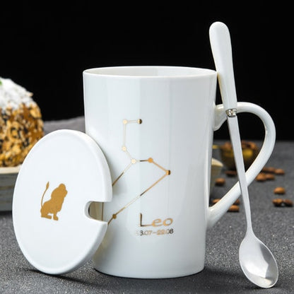 Ceramic Mugs 12 Constellations Creative Mugs With Spoon Lid Black Mug Porcelain Zodiac Milk Coffee Cup Drinkware Couples Gift