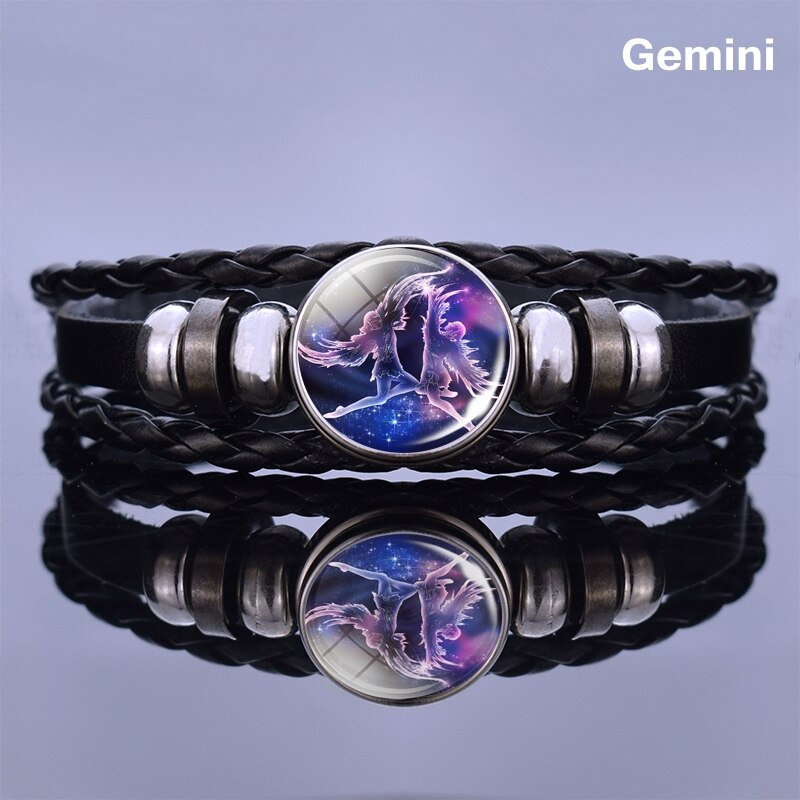 12 Zodiac Signs Glass Dome Leather Bracelet Fashion Jewelry for Couple Aries Taurus Leo Cancer Aquarius Pisces Bangle Bracelet