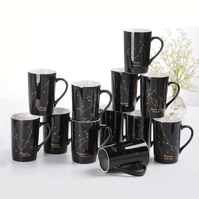 With Gift Box 12 Constellations Creative Ceramic Mugs with Spoon Lid Black and Gold Porcelain Zodiac Milk Coffee Cup 400ML Water