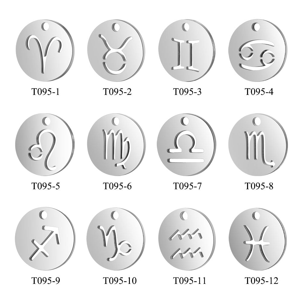 10pcs/lot Stainless Steel Laser Cutting 12 Zodiac Sign Charms Horoscope Icon DIY Metal Pendant for Jewelry Making