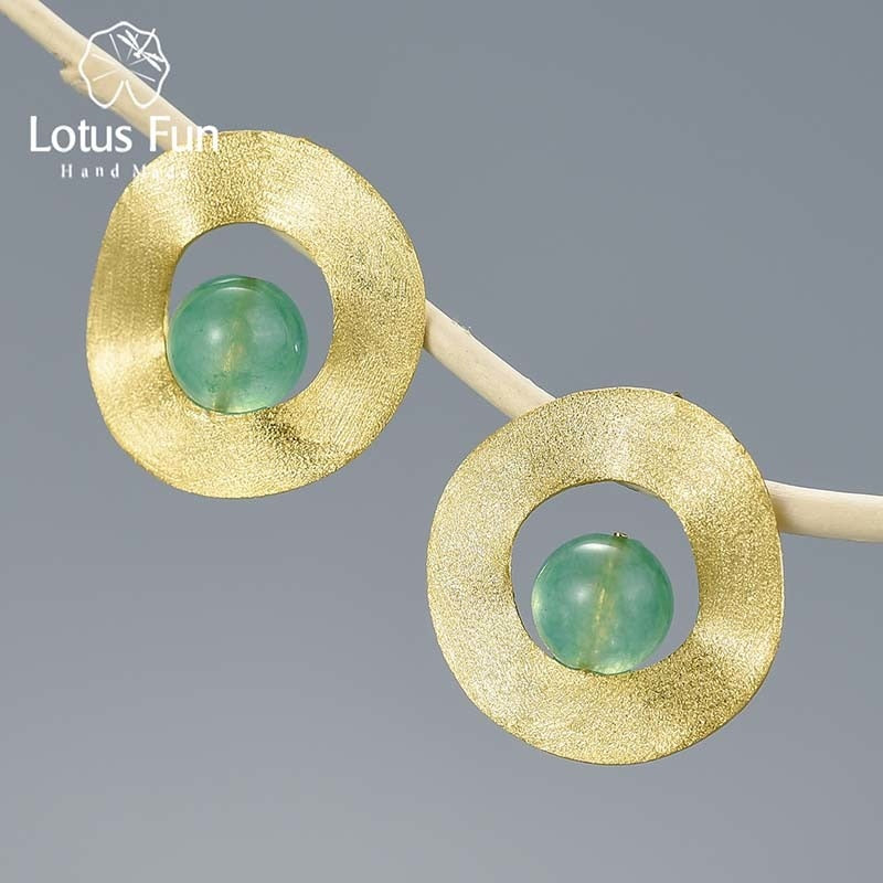 Lotus Fun Natural Gemstone Minimalist Style Uneven Round Stud Earrings Real 925 Sterling Silver 18K Gold Handmade Fine Jewelry